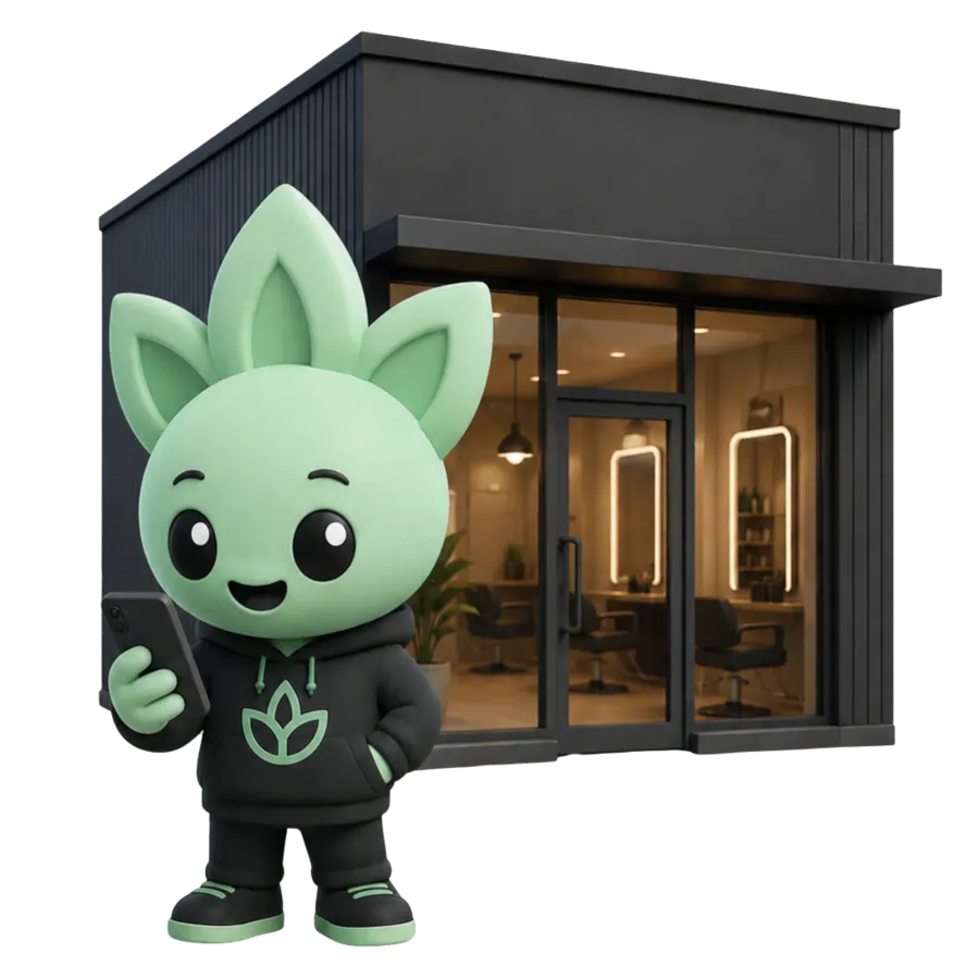 Bip, la mascota de Bipsy, con el móvil frente a una barbería